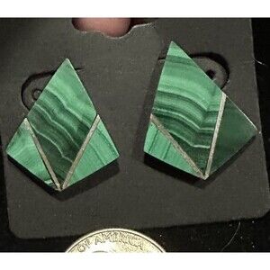 Vtg Native American Sterling Silver Inlaid Malachite Geometric  Huggie Earrings